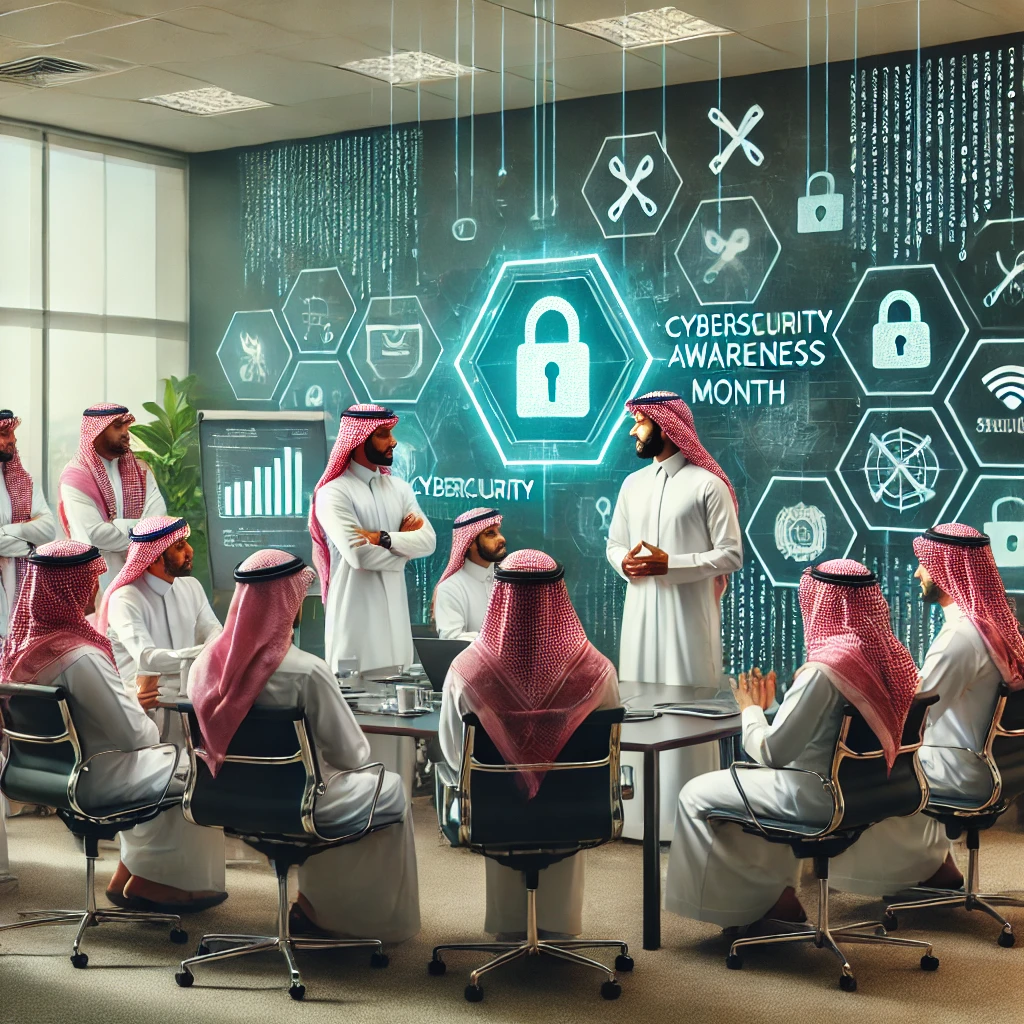 a group of Saudi professionals discussing cybersecurity topics during Cybersecurity Awareness Month