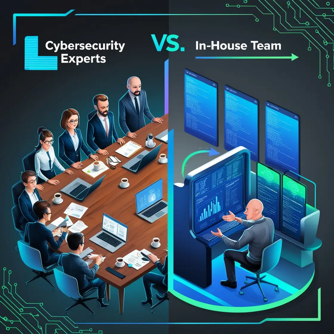 A futuristic and modern illustration depicting a comparison between a cybersecurity company and an in-house team, set against a dark blue and gray gradient background with neon blue and green accents, evoking a sense of technology and innovation. On the left side, a team of diverse professionals, including a woman with short brown hair and glasses, a man with a shaved head and a goatee, and an Asian woman with a ponytail, all dressed in business casual attire, gathered around a large wooden table, surrounded by laptops, papers, and coffee cups, conveying a sense of chaos and disorganization. On the right side, a single expert, a middle-aged man with a balding head and a kind face, sitting in front of a sleek, futuristic console, surrounded by screens displaying codes and graphs, embodying calmness and expertise. The expert is gesturing confidently, with a subtle smile, as if explaining a solution to the in-house team, who look uncertain and overwhelmed. The entire scene is framed by a subtle circuit board pattern, with bold, modern typography in the top-left corner, reading "Cybersecurity Experts" in neon blue, and "In-House Team" in gray, with an arrow pointing towards the expert, indicating the smarter choice.